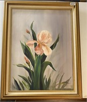 Iris oil painting by L Haynes custom framing