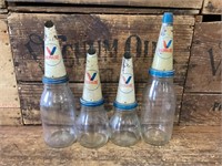 4 x Valvoline Tin Pourers,Bottles & Basket
