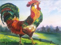 Vtg Rooster Oil on Canvas Board c1950s