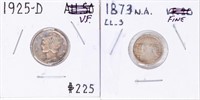 Coin 2 Dimes 1925-D & 1873 Seated Dime