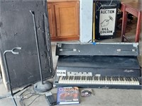 RHODES keyboard, speaker, guitar stand, mic stand