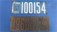 2 Antique Metal License Plates-1915 & 1919