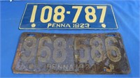 2 Antique Metal License Plates-Both 1923