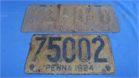 2 Antique Metal License Plates 1924 & 1923