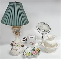 7pc Porcelain LAMP MIRROR PITCHER & BASIN -NO SHIP