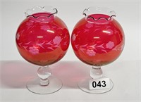RUBY FLASH ETCHED PEDESTAL BALL VASES -NO SHIPPING