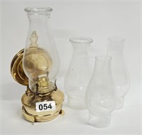 WALL MOUNT OIL LAMP + 3 GLASS CHIMNEYS - NO SHIP