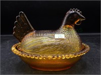 Vintage Amber Glass Hen On Nest Indiana Glass