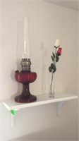 Antique Oil Lamp, White Shelf and Bud Vase