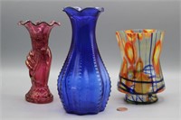 3 Vintage Colored Art Glass Vases