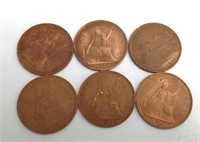 6 United Kingdom One Penny Coins. 1962-1967