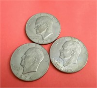 3 Eisenhower Dollar Coins. 2- 1974, 1- 1776-1976