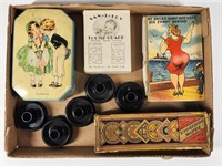 ANTIQUE TINS, POSTCARDS, DOMIOES, BAKELITE