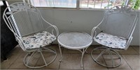 M - WROUGHT IRON SWIVEL PATIO CHAIRS & TABLE (Y5)