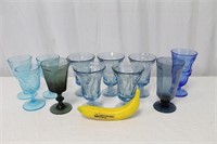 Vtg. Blue Fostoria & Fenton-Style Glass Goblets