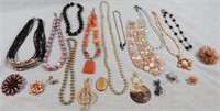 21-SOME VINTAGE BEADED NECKLACES & BROOCHES