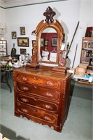 Ornate Walnut Dresser w/ Mirror 85"x41"x20"
