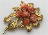 18k Gold And Coral Floral Brooch