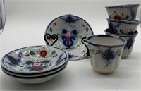 4 Flow Blue Polychrome Decorated Cups & Saucers