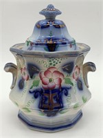 Flow Blue Polychrome Decorated Covered Sugar Bowl