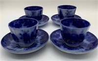 4 Oriental Stone Scinde Flow Blue Cups & Saucers
