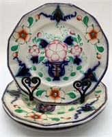 3 Flow Blue Polychrome Decorated Plates