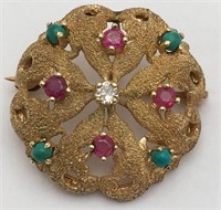 14k Gold Pin With Diamonds, Rubies, Turquoise