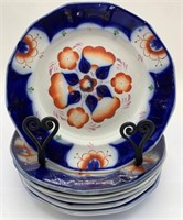 6 Flow Blue Polychrome Decorated Plates