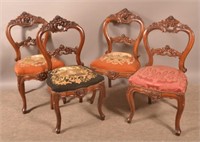 Set of 4 Rose Carved Walnut Side Chairs.