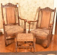 Two Carved Oak Armchairs and Similar Foot Stool.