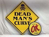 Tin Dead Man’s Curve, Ok Used Car Tin 1 sided Sign