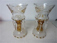 PAIR OF VICTORIAN LUSTRE AMBER CUT TO CLEAR