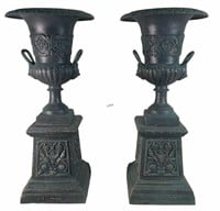 PAIR OF HANDLED URNS WITH PEDESTAL