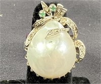 ANTIQUE 10kt WHITE-GOLD PEARL/DIAMOND/EMERALD RING
