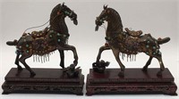 Pair Of Oriental Silver Jeweled Horse Sculptures