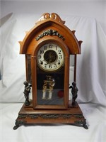 Antique Welch Mantle Clock Cherubs Side Mirrors