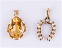 14K Gold Pendants (2) Yellow Topaz & Pearls