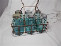Old Milk Bottle Rack & Blue Mason Fruit Jars Zinc