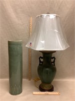 Lamp with shade and celadon vase