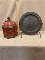 Bronze plate with holder and lidded jars