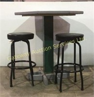 Wooden shop made bar height table and 2 swivel