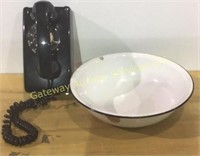 Vintage Rotary phones and white enamel bowl.