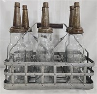 Vintage Style Motor Oil Bottles with Metal Rack
