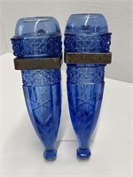 2 Vintage Cobalt Glass Car Flower Vases - Diamond