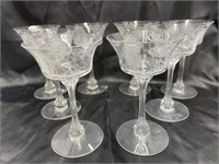 8 Etched Victorian Design Stemware Glasses