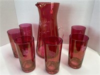 Cranberry Glass Pitcher With 6 Glasses