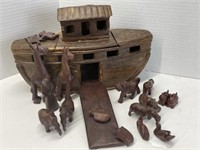 Carved Wood Noah's Ark With Animals