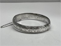 Vintage Sterling Silver Bangle with Safety Chain