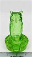 Antique Green Vaseline Glass Owl Flower Frog