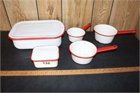 Red & White Enamel Pots & Pans, 5 pieces